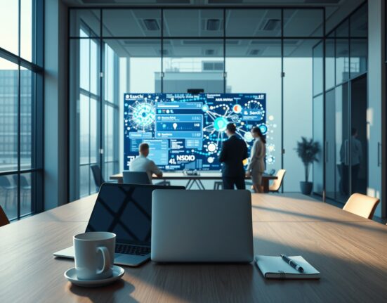Team of engineers in a modern startup office reviewing AI search technology on a large screen