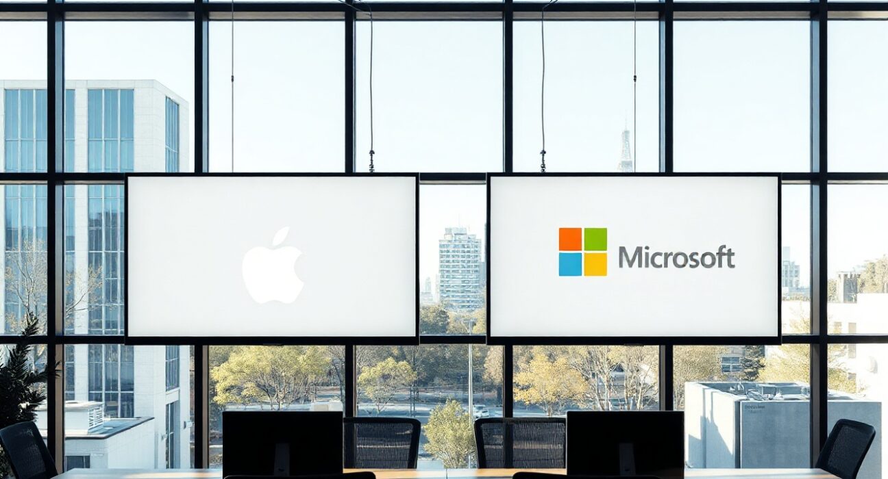 Apple and Microsoft logos on screens in a modern office, representing the AI enterprise competition