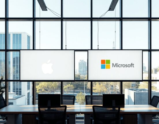 Apple and Microsoft logos on screens in a modern office, representing the AI enterprise competition
