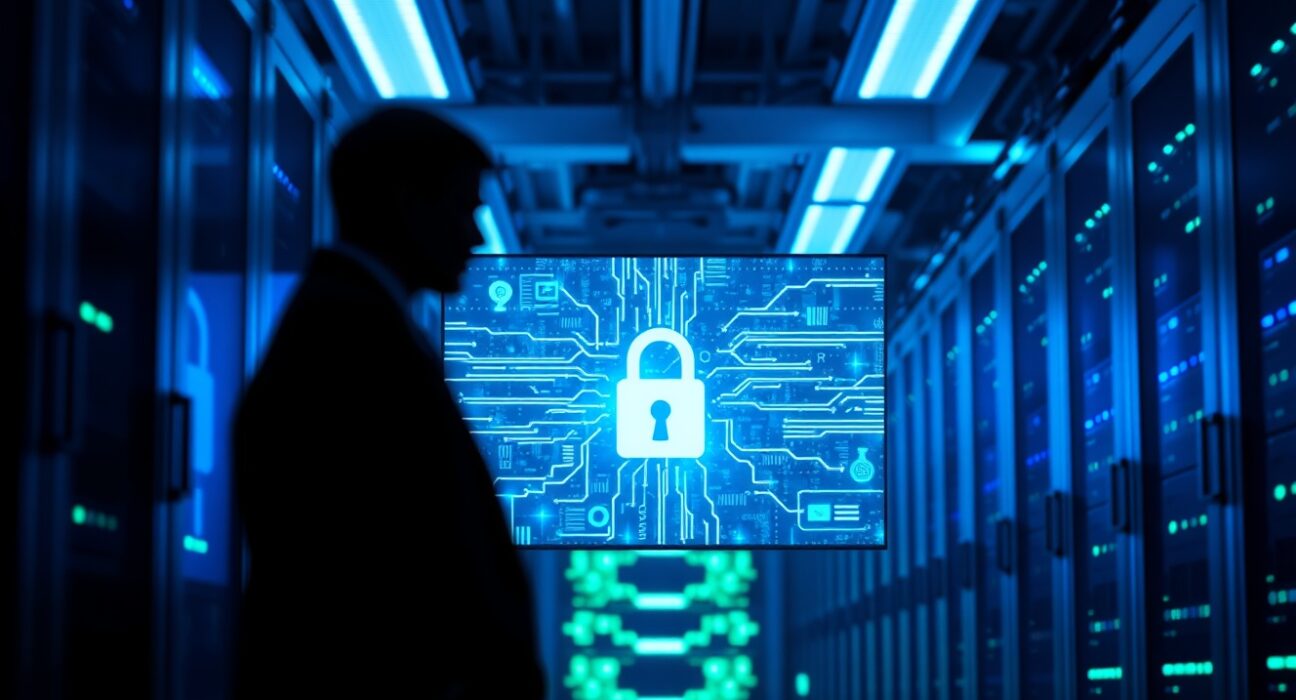 Blurred silhouette of a person in a data center with glowing servers and a digital security interface, representing AI security challenges.