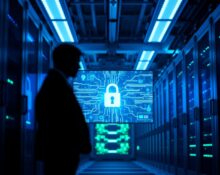 Blurred silhouette of a person in a data center with glowing servers and a digital security interface, representing AI security challenges.