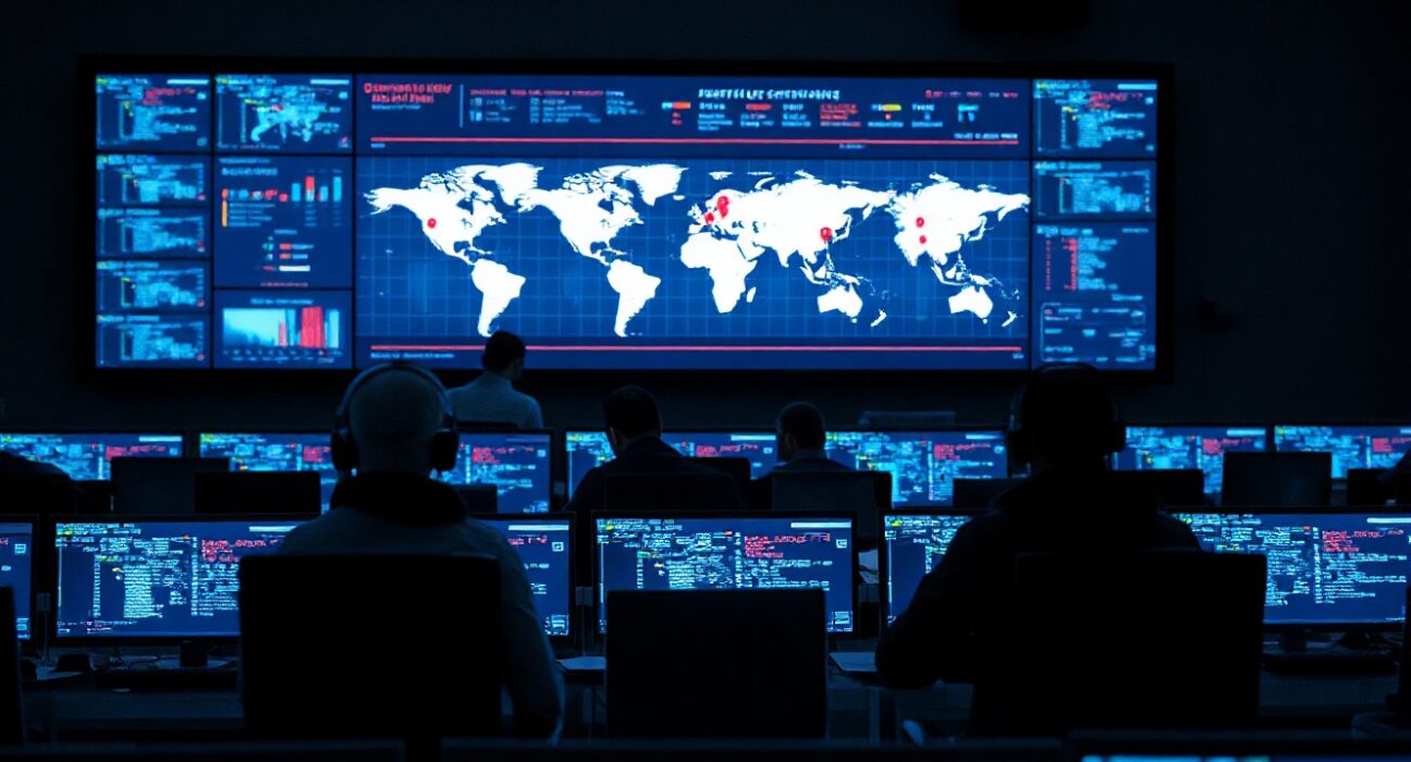 Security analysts monitoring a large screen with global threat map and code, illustrating AI-driven vulnerability detection