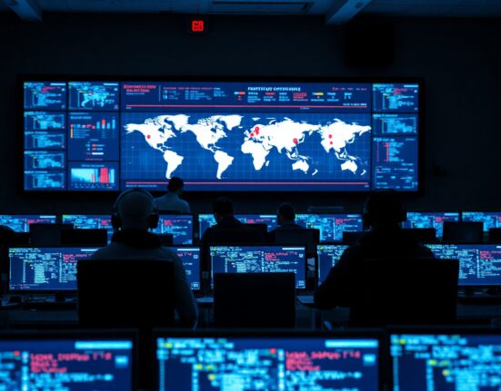 Security analysts monitoring a large screen with global threat map and code, illustrating AI-driven vulnerability detection