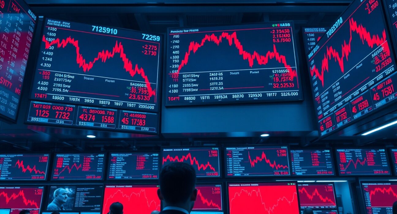 Stock exchange floor with red downward-trending charts on digital screens
