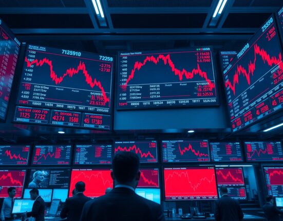 Stock exchange floor with red downward-trending charts on digital screens