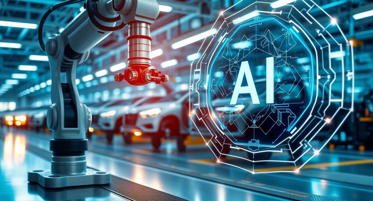 Automotive factory floor with robotic arm and AI holographic interface overlay