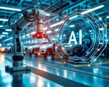 Automotive factory floor with robotic arm and AI holographic interface overlay