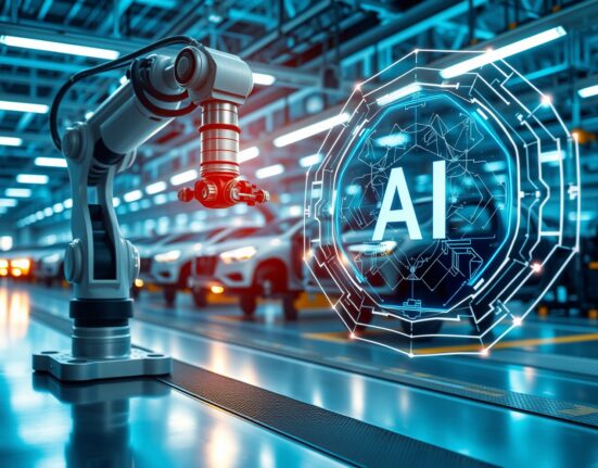 Automotive factory floor with robotic arm and AI holographic interface overlay