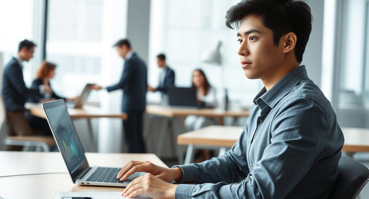 Young professional analyzing AI data visualizations on laptop, representing the emerging AI skills gap in the workforce.