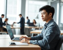Young professional analyzing AI data visualizations on laptop, representing the emerging AI skills gap in the workforce.