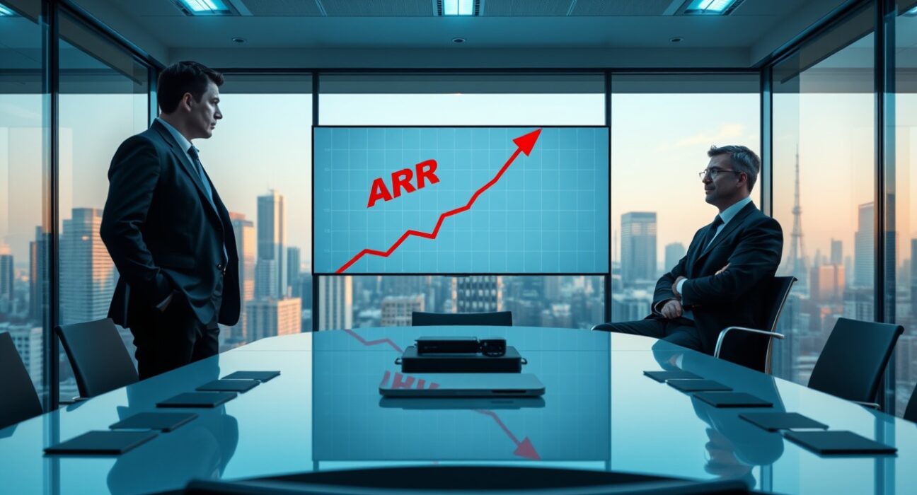 Boardroom meeting with executives reviewing an inflated ARR graph on a digital display