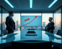 Boardroom meeting with executives reviewing an inflated ARR graph on a digital display