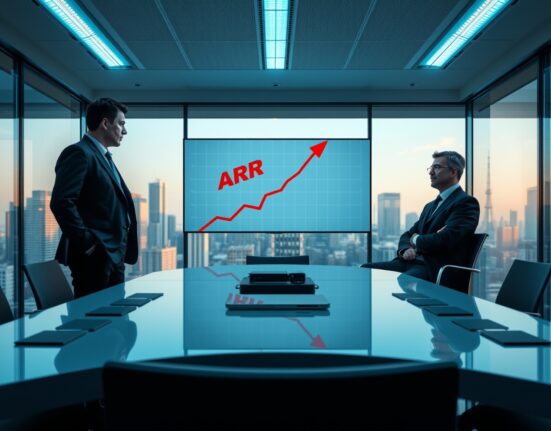 Boardroom meeting with executives reviewing an inflated ARR graph on a digital display