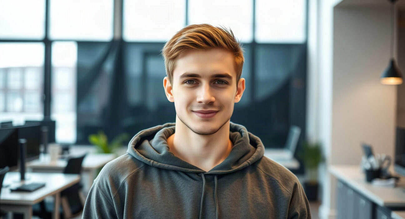 Young founder of AI startup Instinct in a modern office setting, representing innovation and growth.
