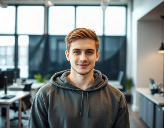 Young founder of AI startup Instinct in a modern office setting, representing innovation and growth.