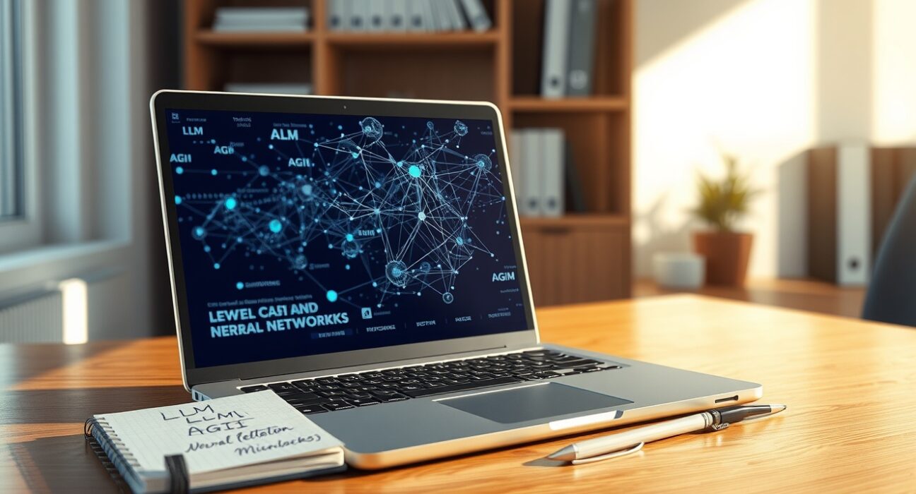 Essential AI terms glossary with laptop showing neural network visualization