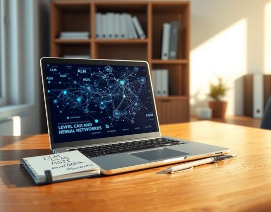 Essential AI terms glossary with laptop showing neural network visualization