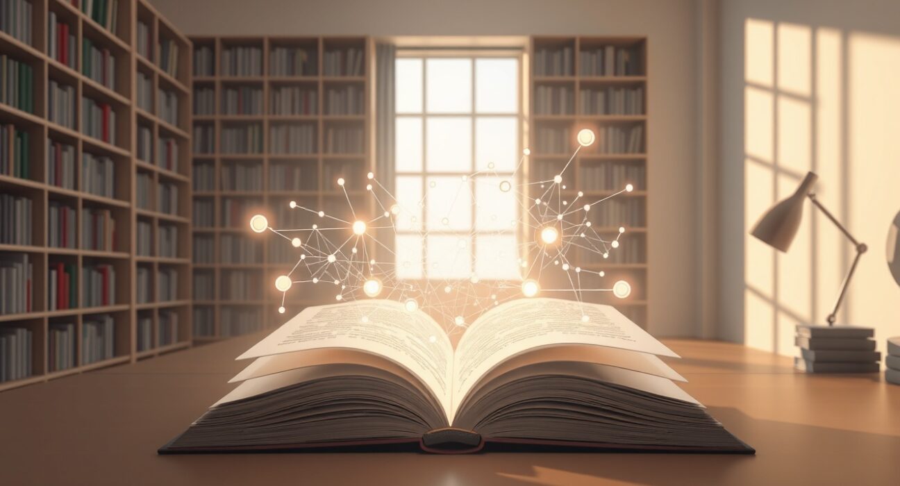 An open book with glowing digital AI patterns and neural network nodes in a quiet library setting.