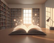 An open book with glowing digital AI patterns and neural network nodes in a quiet library setting.