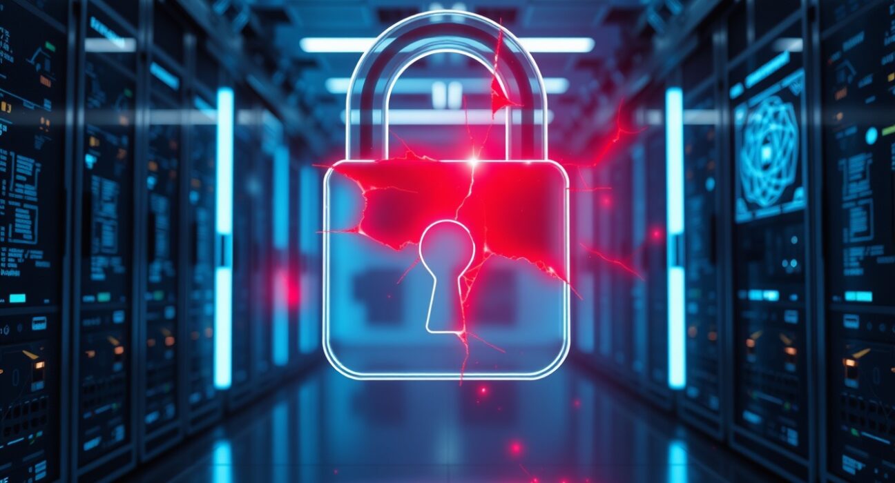 Shattered digital lock in a server room symbolizing AI security threats to DeFi