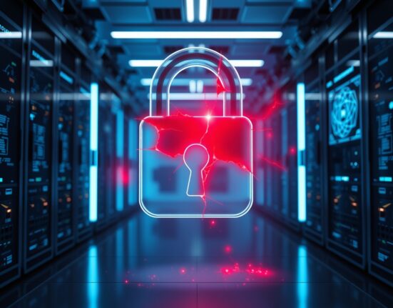 Shattered digital lock in a server room symbolizing AI security threats to DeFi