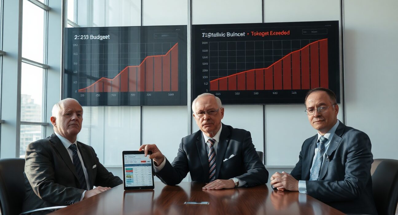 Executives in a tense meeting as a dashboard shows AI token budget overrun