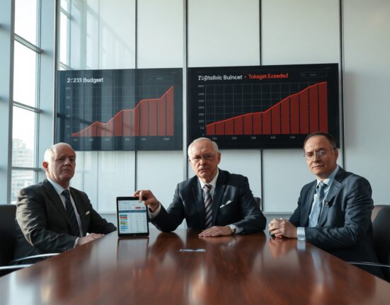 Executives in a tense meeting as a dashboard shows AI token budget overrun