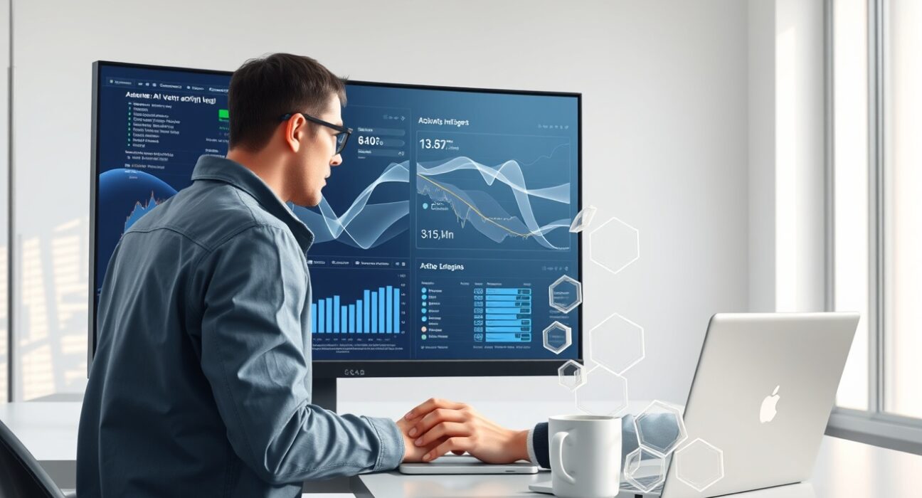 AI tokens compensation concept shown in a modern engineer's workspace with data visualizations.