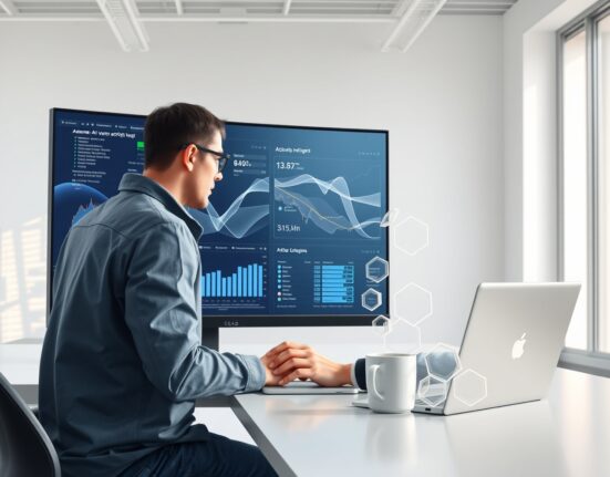 AI tokens compensation concept shown in a modern engineer's workspace with data visualizations.