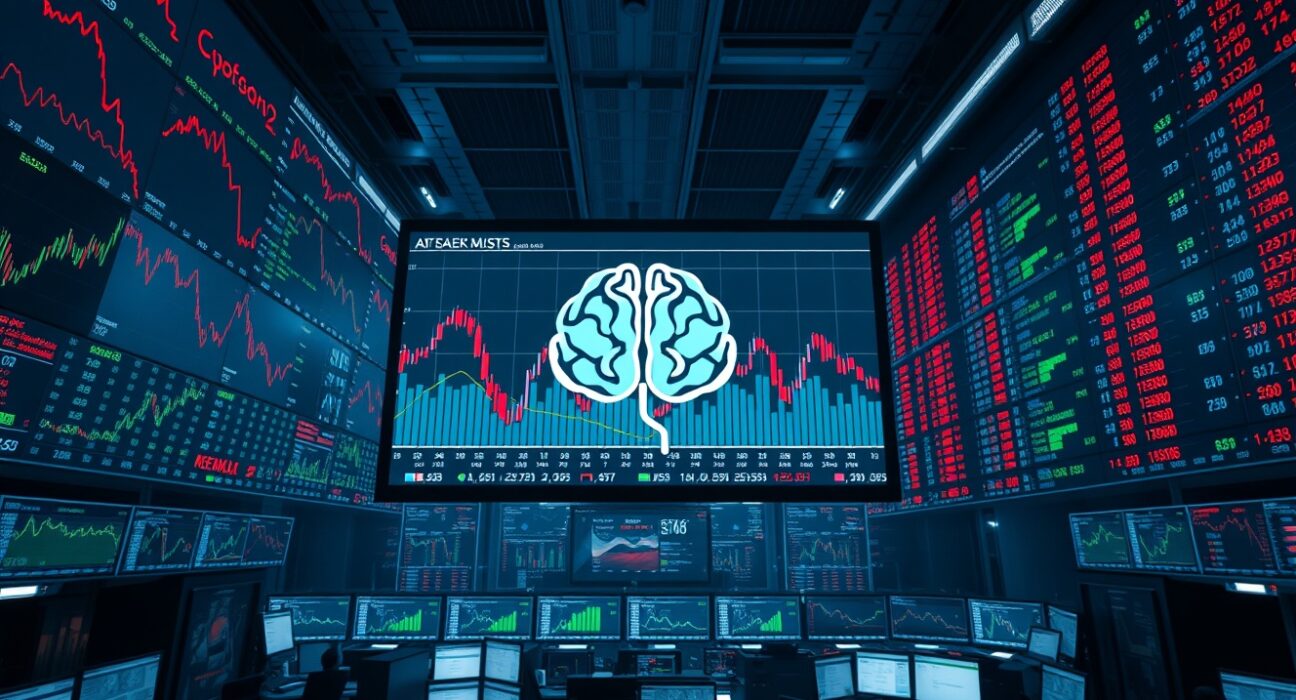 A trading floor with digital screens showing AI-related stock charts and market data in a tense, analytical atmosphere.