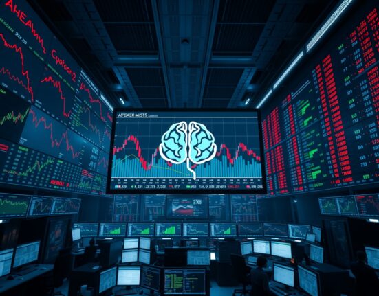 A trading floor with digital screens showing AI-related stock charts and market data in a tense, analytical atmosphere.