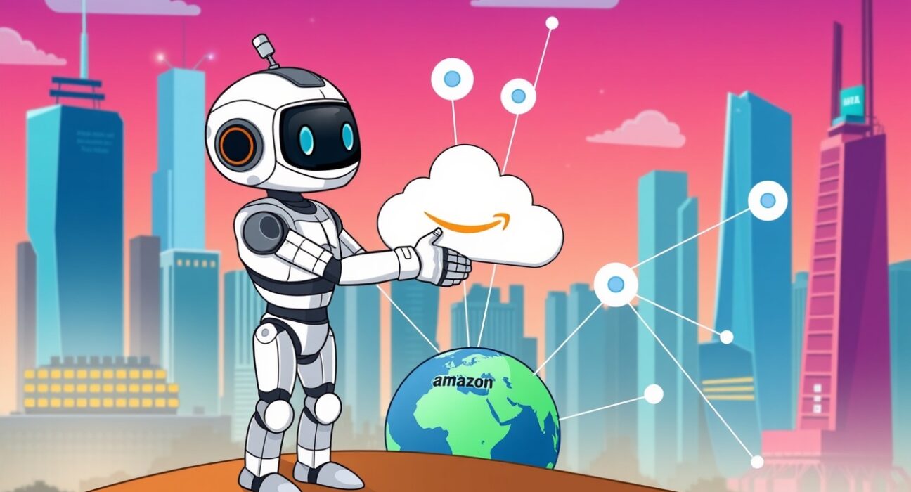 Cartoon showing a robot and cloud shaking hands over a blockchain, symbolizing Amazon's support for an AI trade solution's global growth.