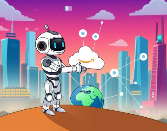 Cartoon showing a robot and cloud shaking hands over a blockchain, symbolizing Amazon's support for an AI trade solution's global growth.
