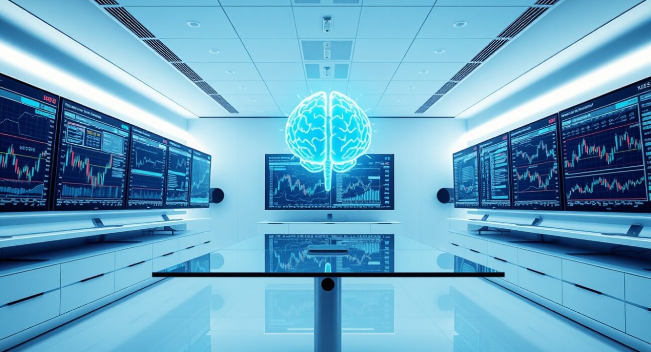 Modern AI trading lab with multiple monitors displaying data and neural network visuals