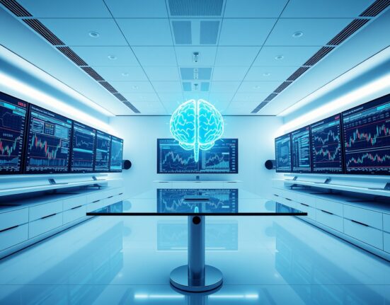 Modern AI trading lab with multiple monitors displaying data and neural network visuals