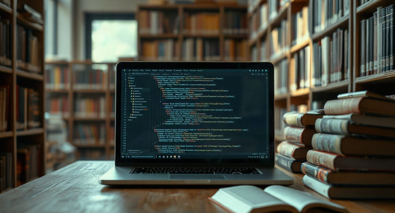 Laptop with code on a desk surrounded by books in a library, symbolizing AI training on copyrighted works.
