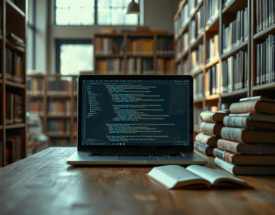 Laptop with code on a desk surrounded by books in a library, symbolizing AI training on copyrighted works.