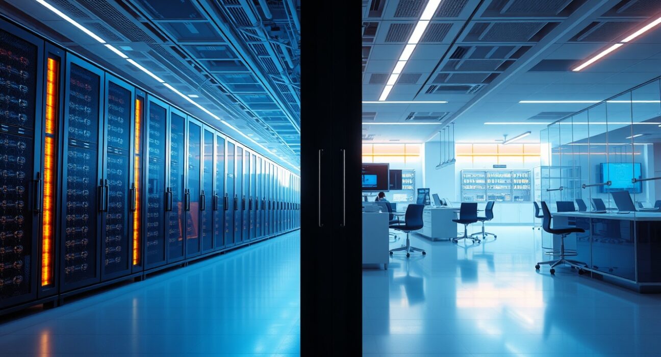 Split view of a data center and AI research lab representing US-China technology collaboration