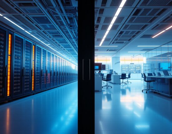 Split view of a data center and AI research lab representing US-China technology collaboration