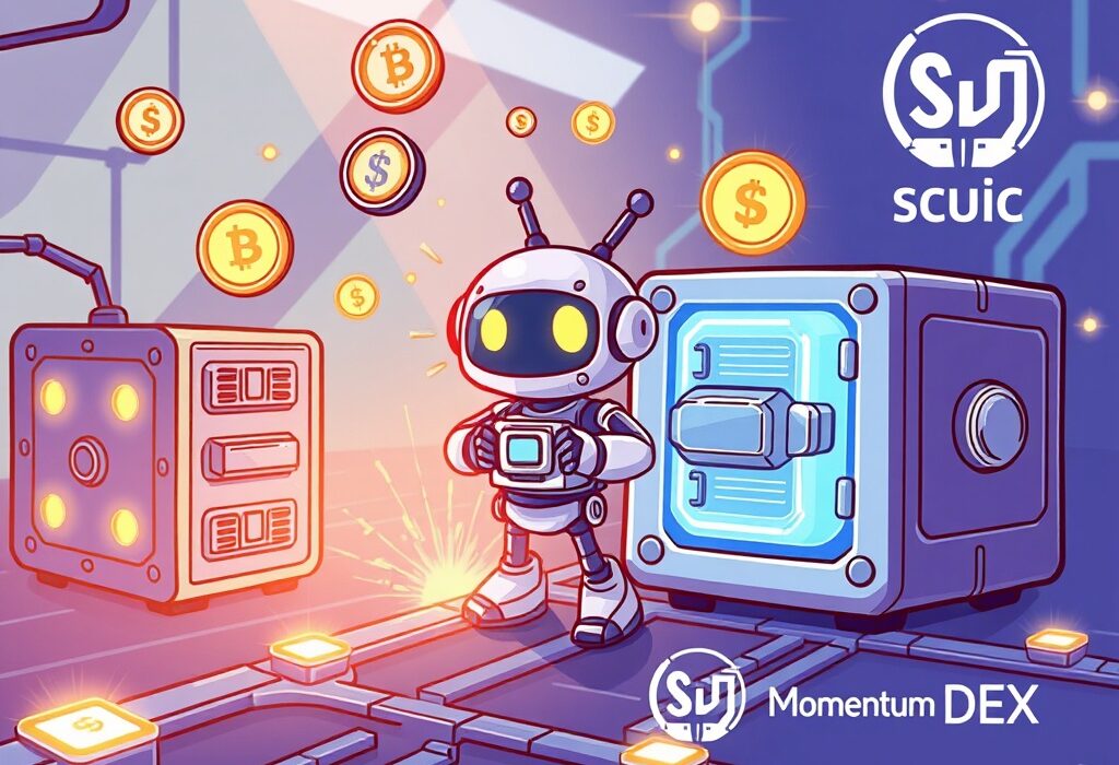 A cartoon robot managing AI vaults on the Sui blockchain, symbolizing autonomous DeFi liquidity on Momentum DEX.