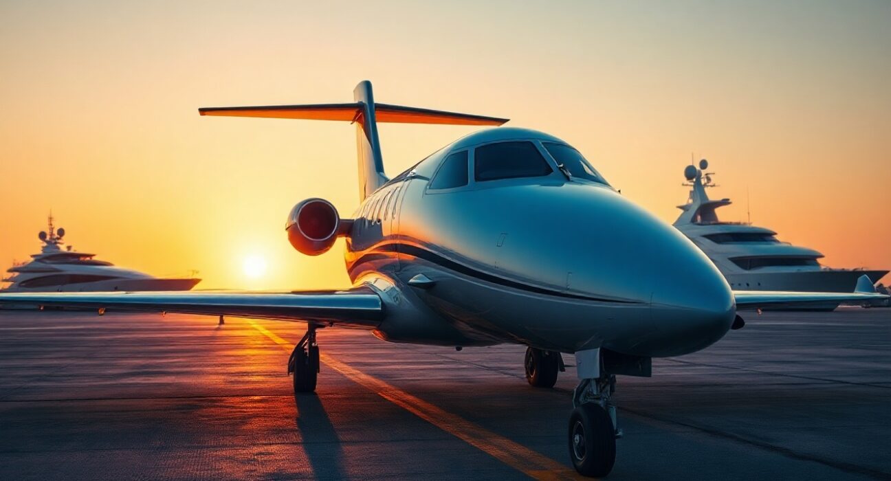 Private jet and luxury yacht at sunset, symbolizing crypto-funded ultra-luxury purchases by AI-era billionaires