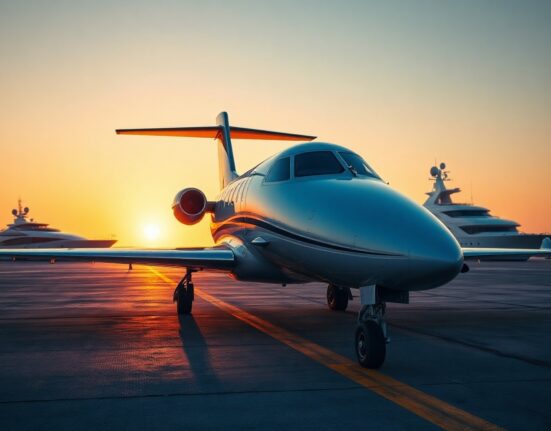 Private jet and luxury yacht at sunset, symbolizing crypto-funded ultra-luxury purchases by AI-era billionaires