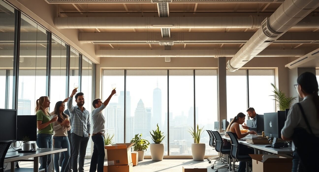 Contrasting scenes in a modern San Francisco tech office showing a small group celebrating wealth and a larger group facing layoffs.