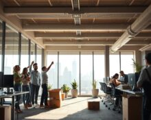 Contrasting scenes in a modern San Francisco tech office showing a small group celebrating wealth and a larger group facing layoffs.