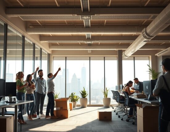 Contrasting scenes in a modern San Francisco tech office showing a small group celebrating wealth and a larger group facing layoffs.