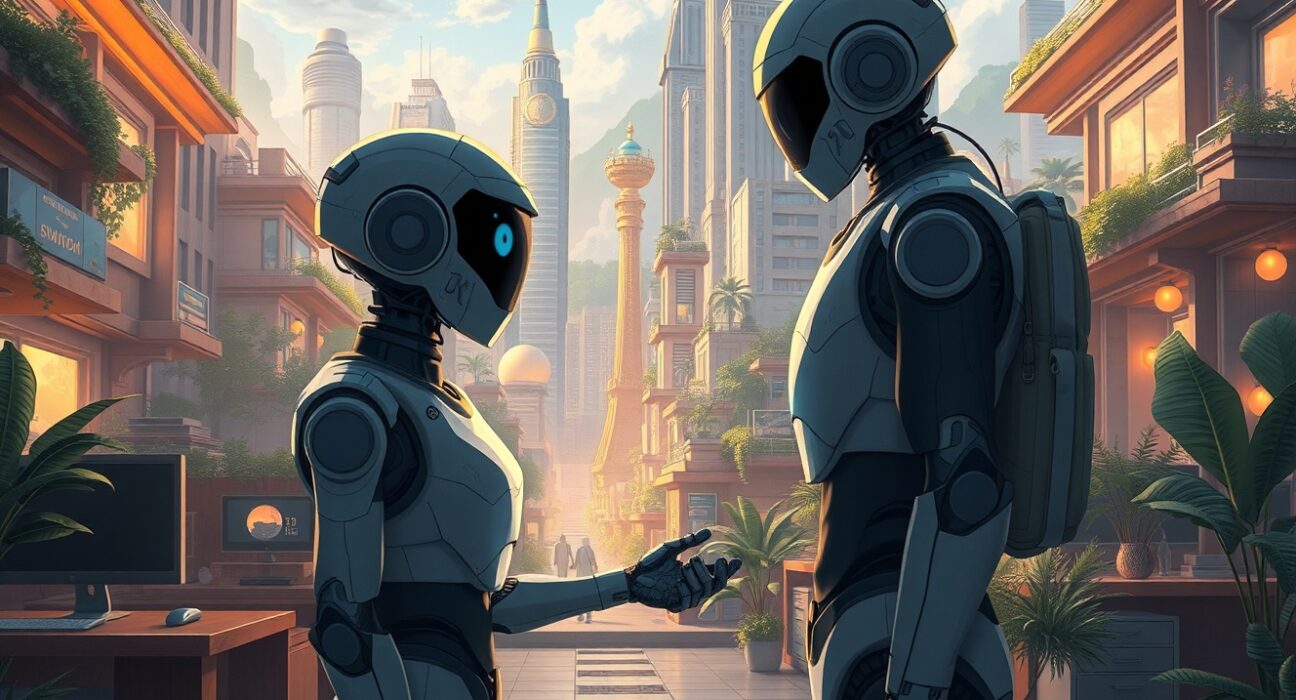 Human and AI collaboration in future workplace showing partnership not replacement