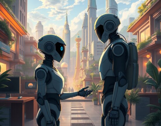 Human and AI collaboration in future workplace showing partnership not replacement