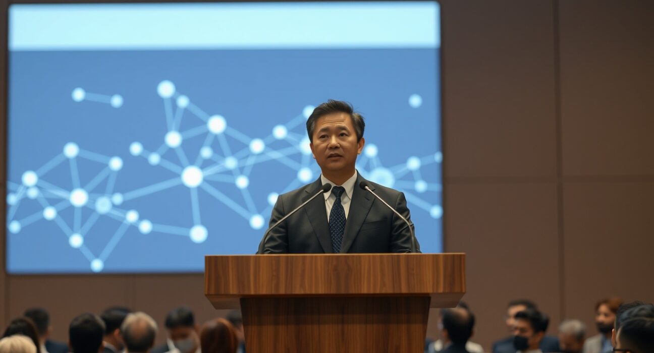 CEO Park Sung-hoon speaking at a financial forum with a blockchain data visualization on screen behind him.