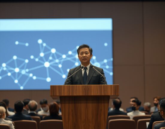 CEO Park Sung-hoon speaking at a financial forum with a blockchain data visualization on screen behind him.