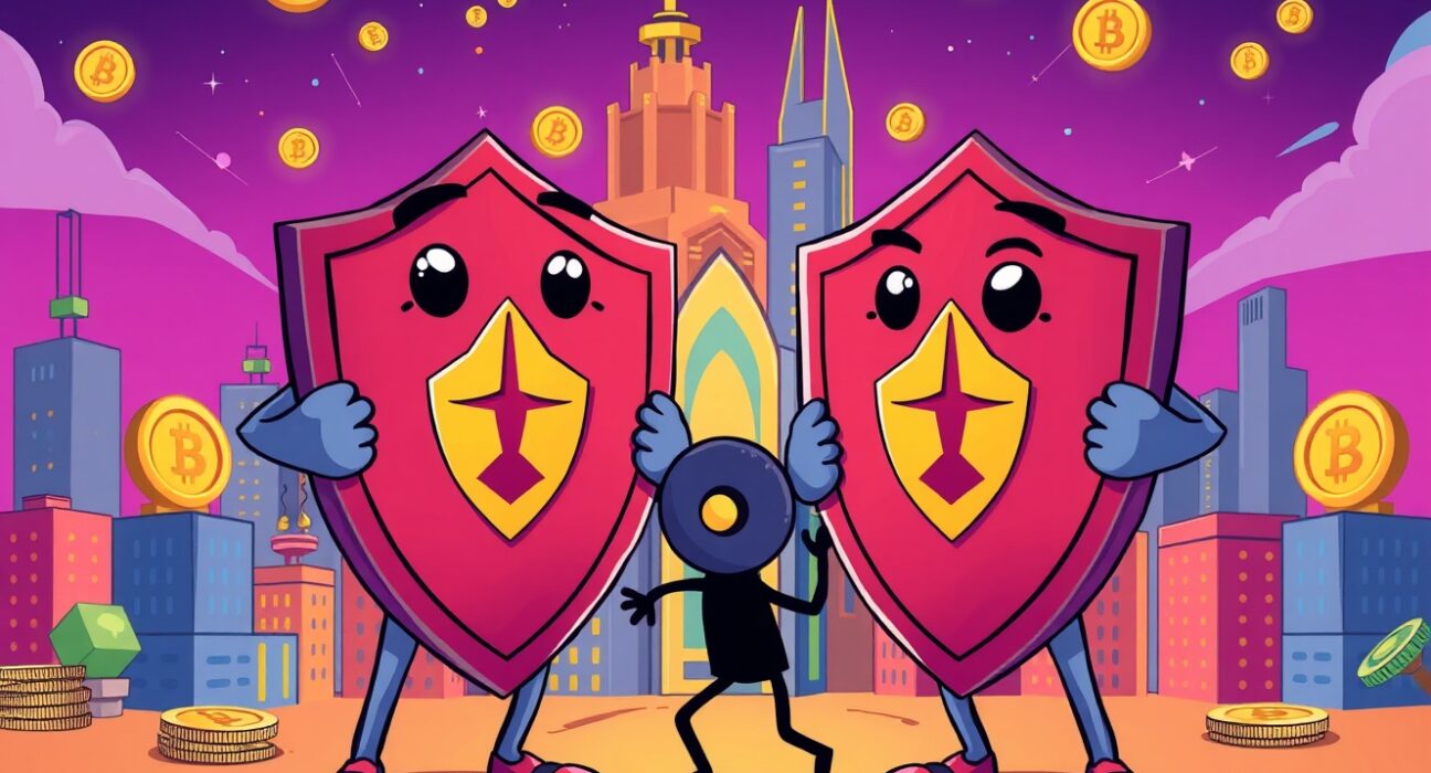 Cartoon guardians issuing an AI16Z investment warning to protect digital asset investors from risk.